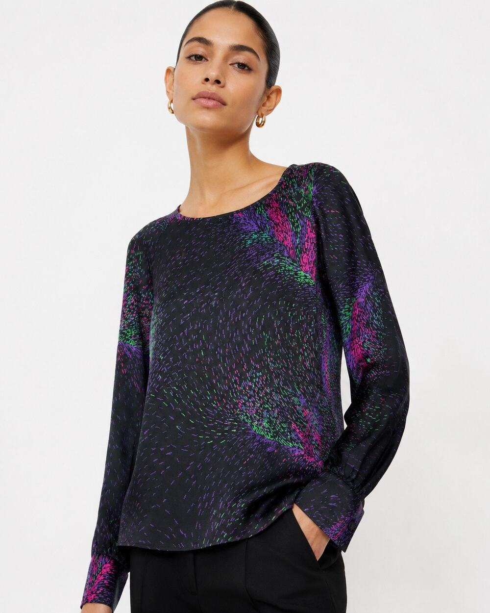 Scilla Womens 100% silk Long Sleeve Top Sz M Blouse Black Artsy Firework Fairy - Picture 1 of 11